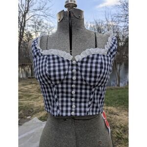 NWT Blue And White Gingham Crop Corset  Top Lace Trim Western 50's Pinup Sz S
